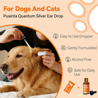 Dog Ear Drops with Finger Cots, Natural Dog Ear Cleaner and Infection Treatment, Quantum Silver Dog Ear Cleaning Solution for Itching, Irritation & Wax Build-Up,1oz