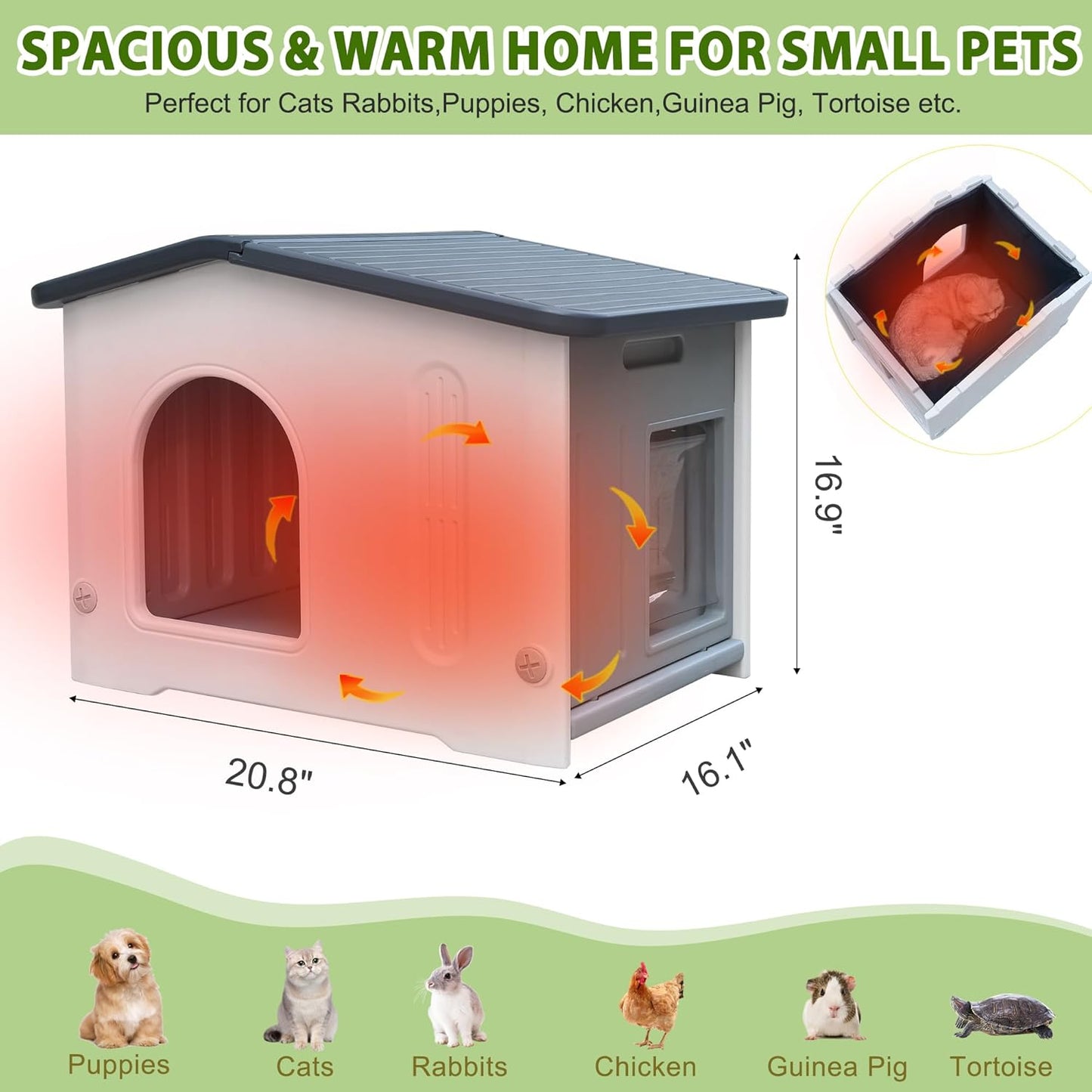 Outdoor Cat House with Insulated Liner, Weatherpoof Plastic Insulated Cats Houses with Escape Door Indoor Waterproof Feral/Pet Cat Shelter Outside for Puppy, Rabbit for Winter