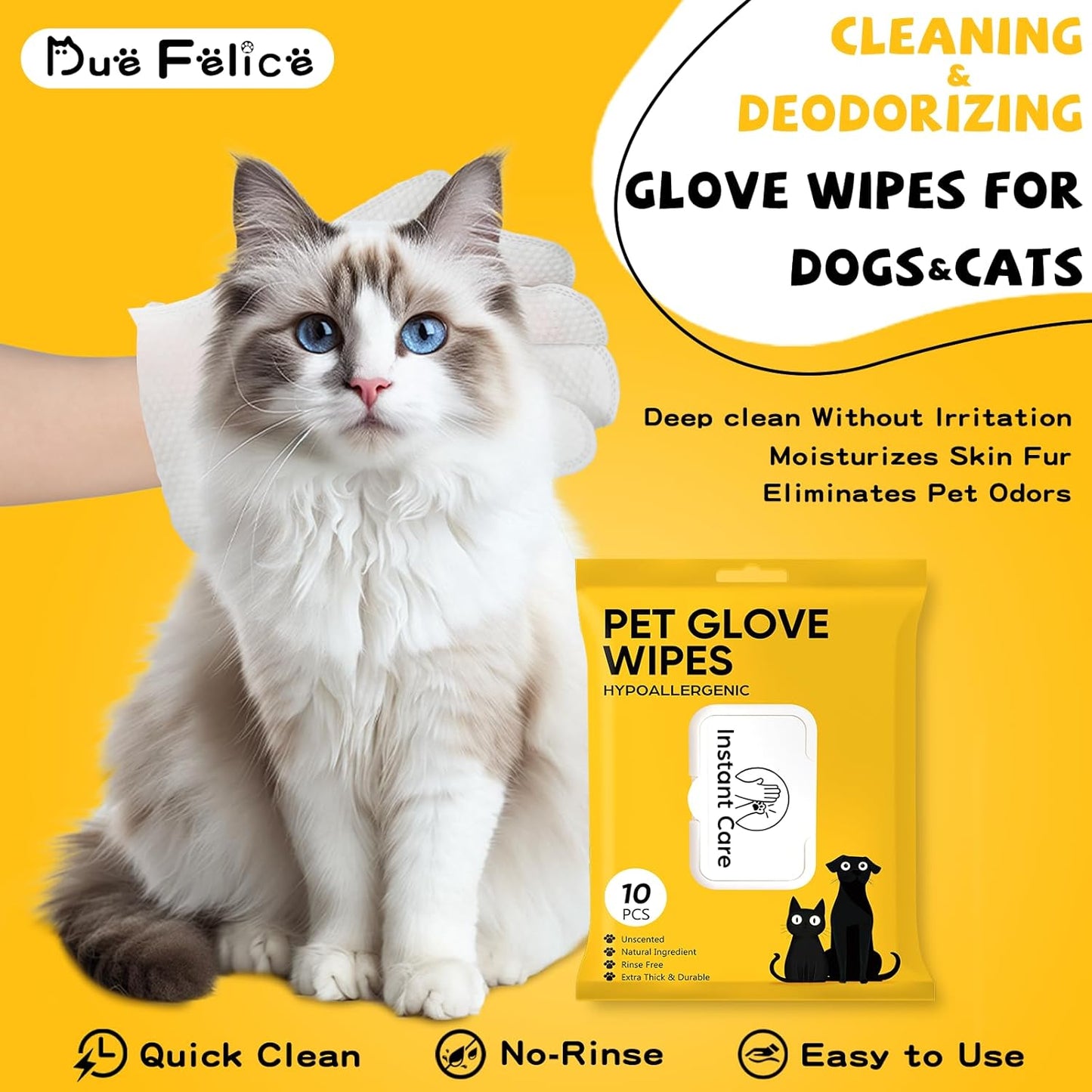 Pet Glove Wipes for Dogs Cats Disposable Dog Wipes Cleaning Deodorizing for Fur Paws and Butt Rinse Free Shampoo Mittens Cat Grooming Bath Wipes 20PCS