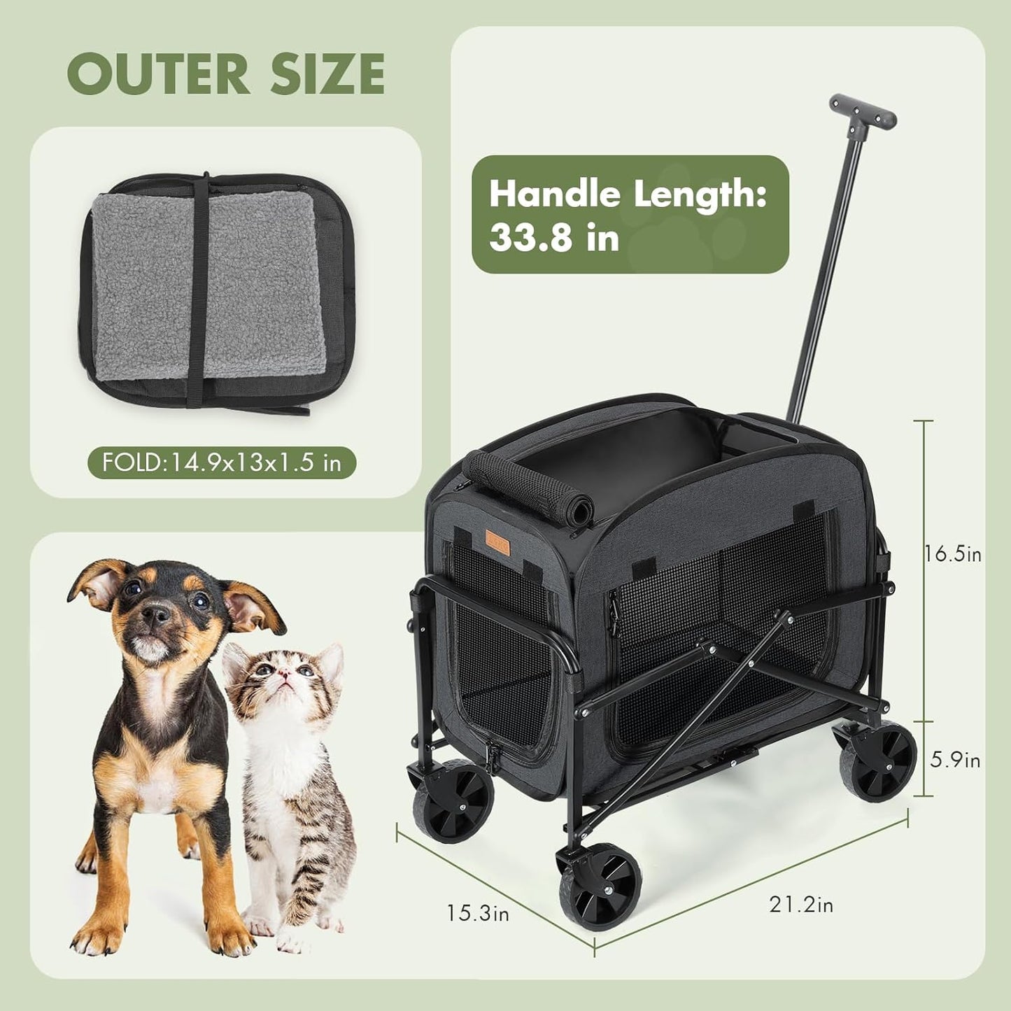 Lekebobor Cat Carrier with Wheels Large Cog and Dog 40LBS, Rolling Pet Carriage with Big All-Terrain Wheels (Black)