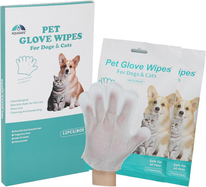 AQUASAFE Pet Bath & Cleaning Gloves for Allergy Prevention & Deodorizing | Thick, Moisturizing Wipes with Aloe & Vitamin E | No Rinse Needed for Daily Care, Travel, Grooming(12PCS)