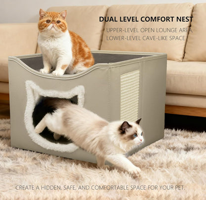 Cat Beds for Indoor Cats, Large Cat Houses with Cozy Condo,with Premium Tech Fabric& Scratch Pad, Round Window, Foldable Indoor Cat House Hold Up to 30LBS, with Reversible Cushion for Multi Small Pet