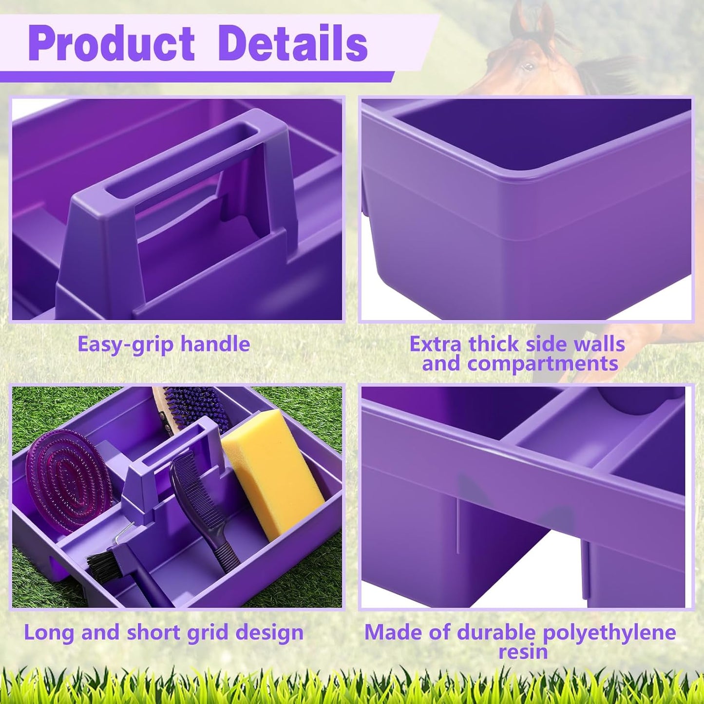 Abbylike 6 Pieces Horse Grooming Tote Kit Plastic Storage Grooming Bag for Horses Durable Tote Tack Box Organizer with Handle Horse Brush Sets Cleaning Caddy Supplies (Purple)