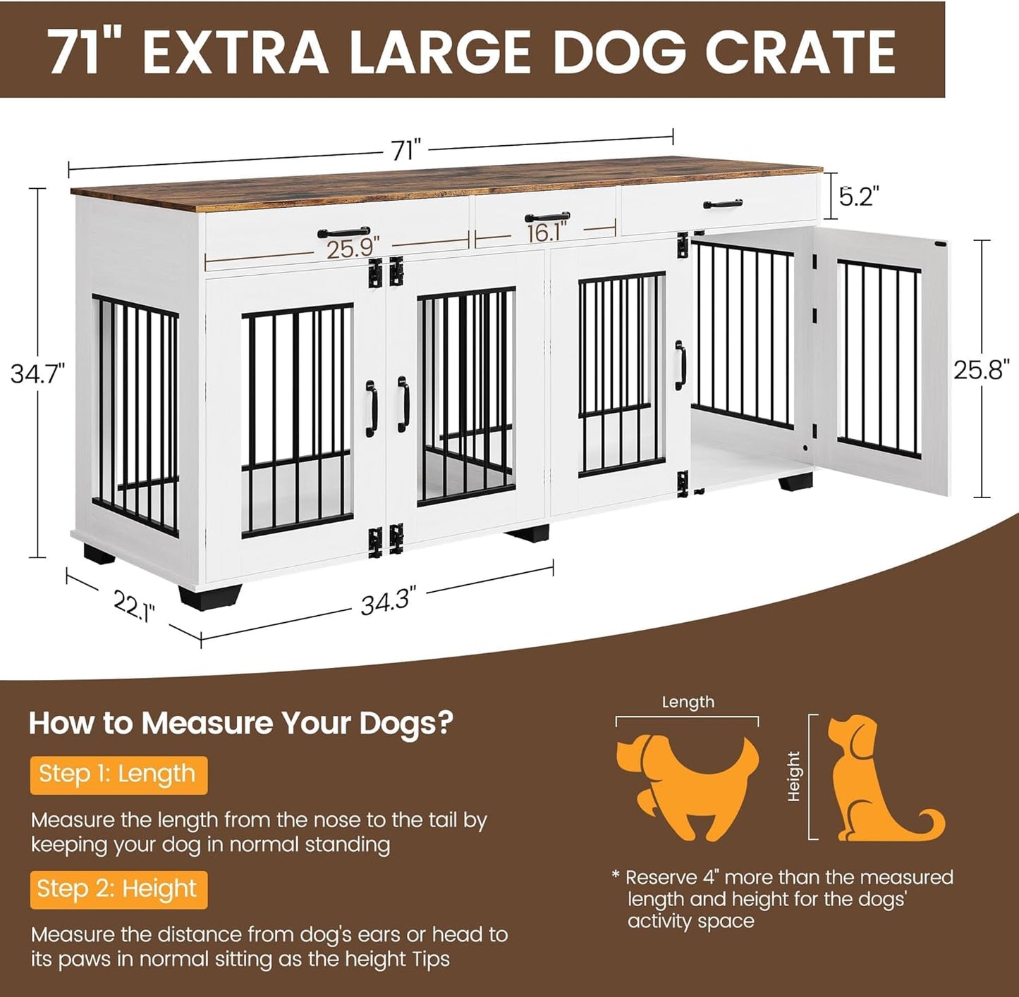 71'' Dog Crate Furniture, Wooden Indoor Dog Kennel for 2 Dogs with 3 Drawers and Removable Room Divider, XXL Double Dog Crate TV Stand End Table with Double Doors for Large Medium Dogs