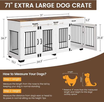 71'' Dog Crate Furniture, Wooden Indoor Dog Kennel for 2 Dogs with 3 Drawers and Removable Room Divider, XXL Double Dog Crate TV Stand End Table with Double Doors for Large Medium Dogs