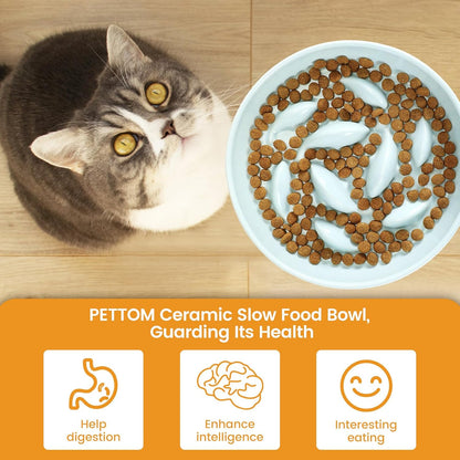 PETTOM Slow Feeder Cat Bowl with Stand, Ceramic Slow Eating Cat Bowl with Higher Edges Fish Pool Design Elevated Food Bowls for Dry and Wet Food Anti-Vomiting Puzzle Feeder for Healthy Eating Diet