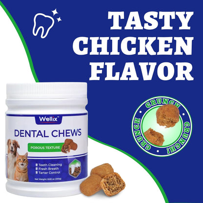 Wellix Dental Treats for Cats and Small Dogs - Crunchy Cat Teeth Cleaning Treats for Fresh Breath & Plaque Control - Pet Dental Chew for Kittens&Puppy - Chicken Flavor (8.82oz)