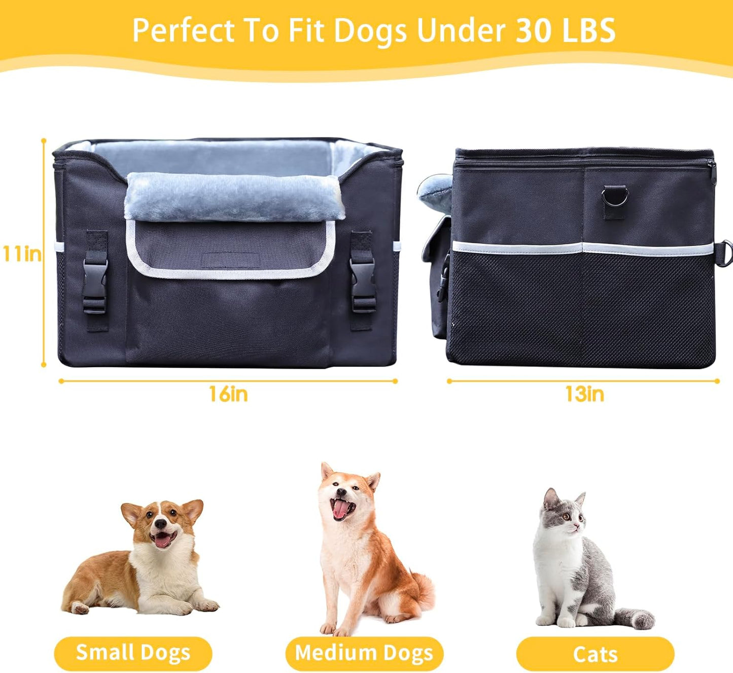 Foldable Dog Car Seat for Small Dogs,Potable Puppy Booster Seat with Harness &Safety Belt, Travel Pet Bed can Removable & Washable Suitable for Dogs 25-30 lbs(Black)