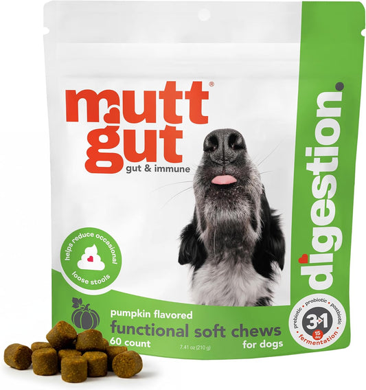 MuttGut® 3-in-1 Puppy & Dog Probiotics + Prebiotics + Postbiotics Chews - Promotes Digestive Health, Supports Immune System and Overall Health - Dog Diarrhea Relief & Immune Support - 60 Soft Chews