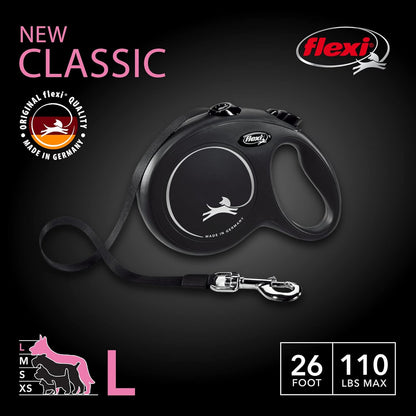 FLEXI New Classic Tape Retractable Dog Leash for Large Dogs Upto 110 lbs. – 26 ft., Black | Tangle Free Pet Walking Leash with One-Handed Brake, Pause, Lock|German Quality Product