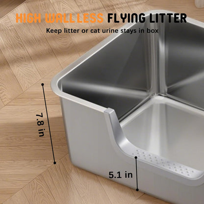 Stainless Steel Litter Box with High Sides,23.6" L X 15.7" W X 7.8" H,Extra Large Jumbo Cat Litter Box,XL Kitty Metal Liter Box for Indoor Big Cat,Non-Sticky,Anti-Leakage(Entry on Long Side)
