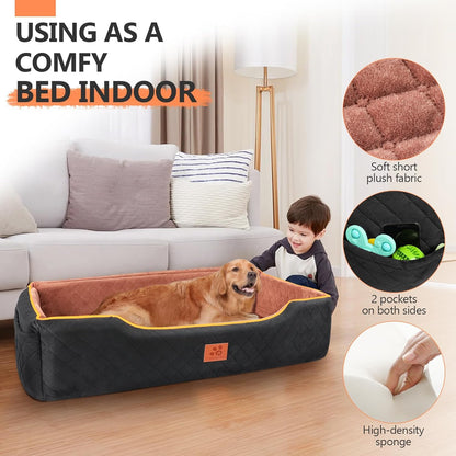 Large Dog Car Seat for Dods Under 100 Lbs, Memory Foam Dog Car Bed for Backseat & Trunk, Detachable and Washable Cover, Pet Travel Seat with Storage Pockets,2 Safety Belts