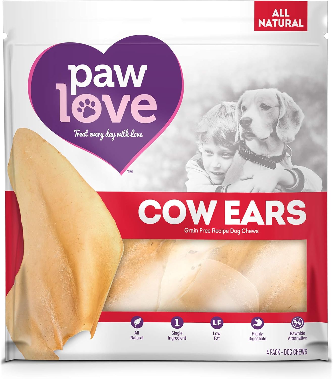 PawLove Cow Ears - 4 Count (Pack of 1) - Single-Ingredient, Savory Snack