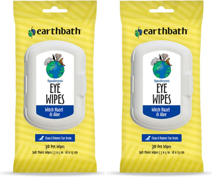 earthbath, Hypo-Allergenic Pet Eye Wipes - Fragrance Free Tear Stain Remover for Dogs Cats, Puppies and Kittens, Made in USA, 100% Cruelty Free - 30 Count (2 Pack)