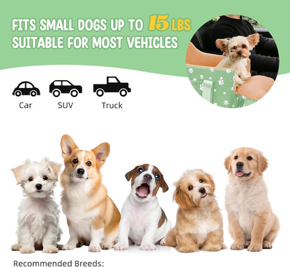 Cullaby Dog Center Console Car Seat for Small Dogs Under 15lbs,Detachable Washable Booster Pet Car Seat Travel Bed with Storage Pockets and Seat Belt(Green)