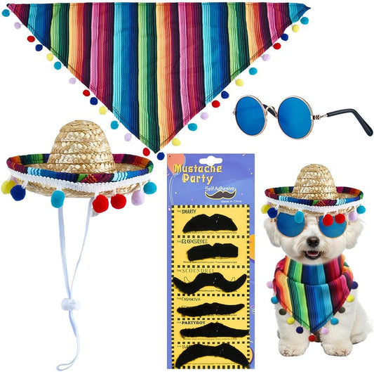 9-Piece Mexican Dog Costume Set - Cat Bandana, Triangle Bib, Sombrero, Pet Mustache Decoration, Sunglasses Decoration
