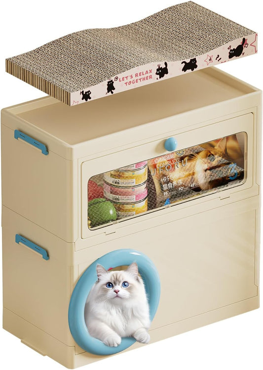 3 in 1 Plastic Cat House with Scratching Board, Foldable Feral Cat Shelter with Pet Supply Storage Bin, Waterproof Weatherproof for Outdoor Indoor Use