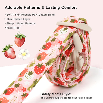 Strawberry Dog Collar for Medium Dogs - Sweet Girl Dog Collars for Spring Summer, Cute Pastel Pink & Floral Fruit Print, Adjustable Puppy Collar with Quick-Release Buckle M
