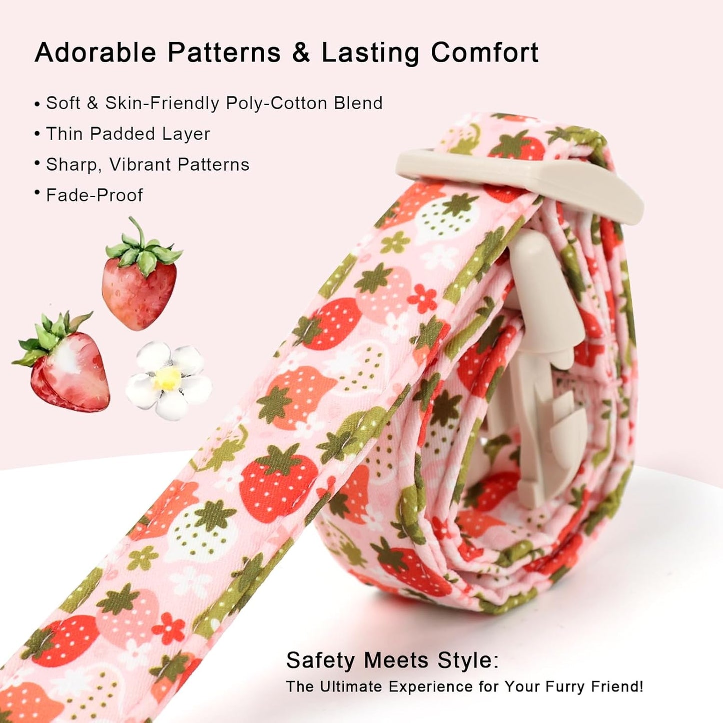 Strawberry Dog Collar for Medium Dogs - Sweet Girl Dog Collars for Spring Summer, Cute Pastel Pink & Floral Fruit Print, Adjustable Puppy Collar with Quick-Release Buckle M