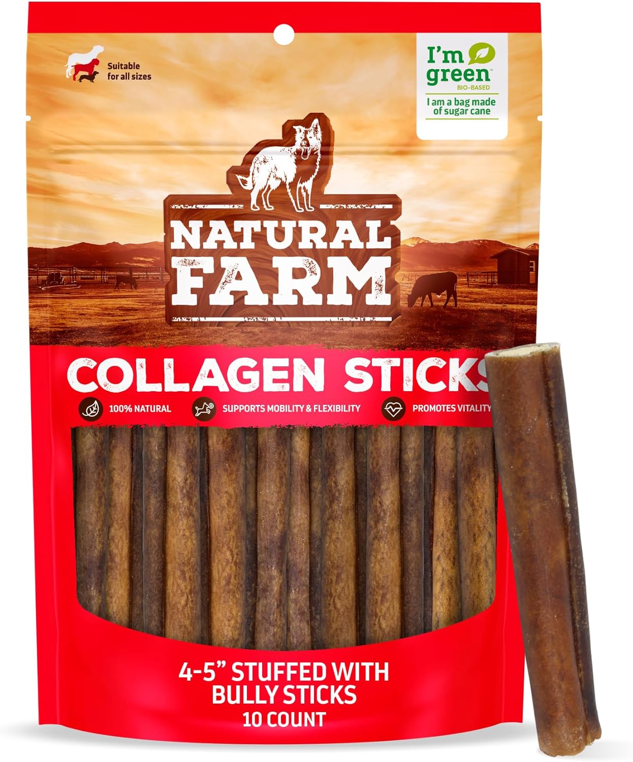 Natural Farm Bully Sticks Stuffed Collagen Sticks for Dogs (4-5 Inch, 10-Pack), Rawhide-Free, Natural Dog Chews, Long Lasting, Small, Medium and Large Dogs, Great Rawhide Alternative