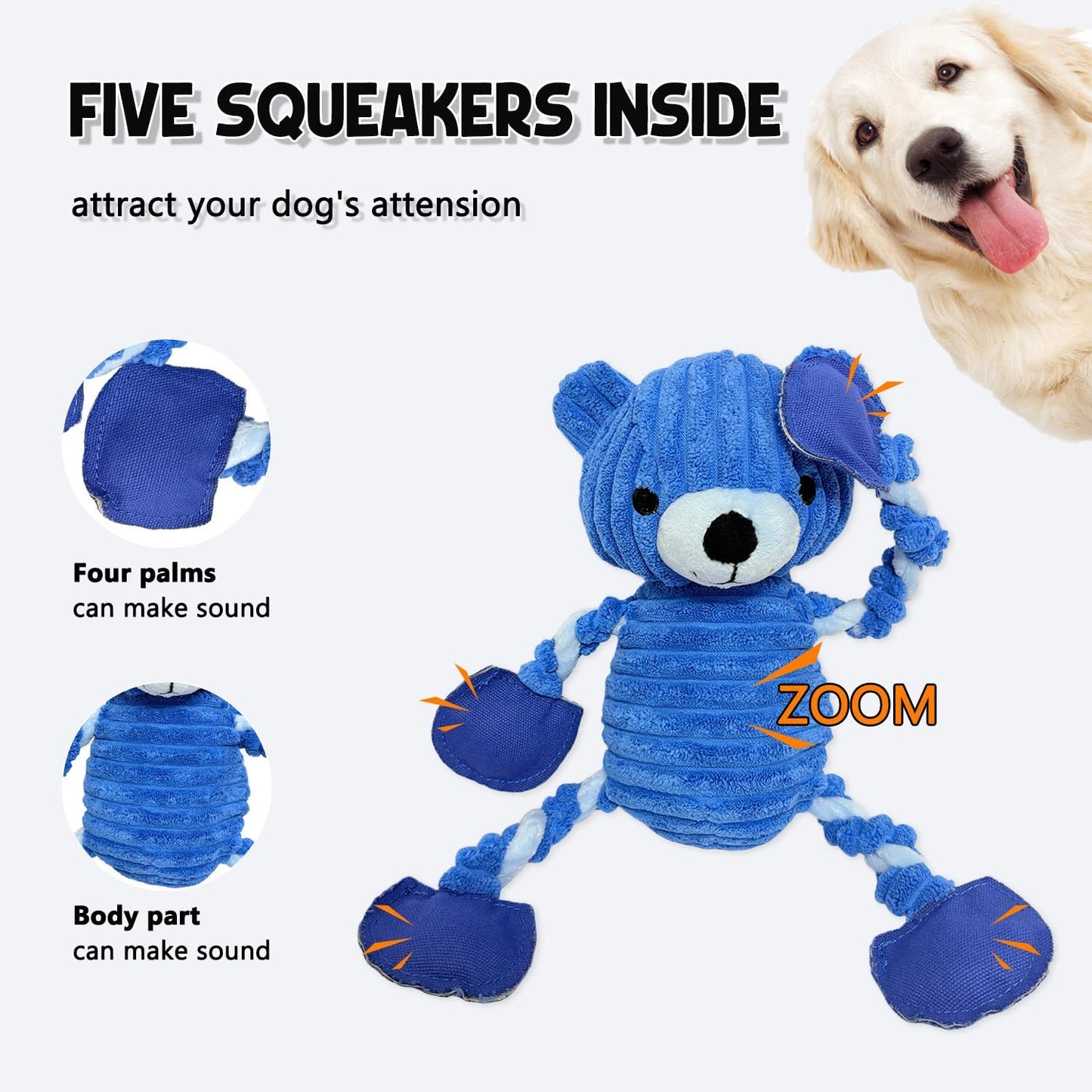 LWBMG Squeaky Dog Toys, Tug of War Dog Toys to Keep Them Busy, Stuffed Animal Dog Plush Toy for Puppy Small, Middle, Large Dogs, Cute Bear Interactive Doggie Toy Blue