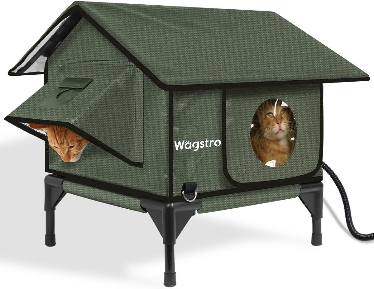 Gable Heated Cat House for Outside Cats in Winter, 100% Waterproof, Escape Door, Elevated, Insulated Outdoor Cat House Shelter with Heater for Feral Cat (Olive Green, 16"x16"x19")