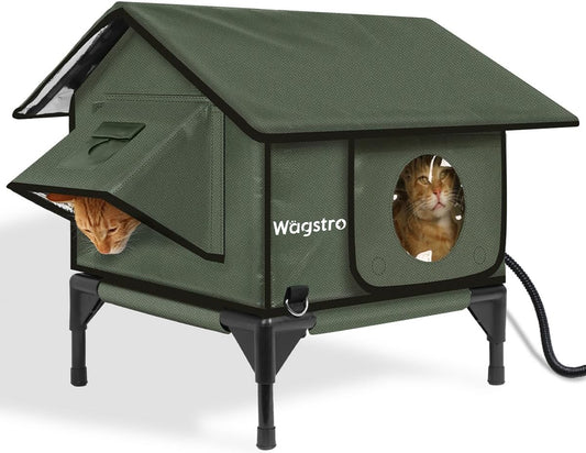 Gable Heated Cat House for Outside Cats in Winter, 100% Waterproof, Escape Door, Elevated, Insulated Outdoor Cat House Shelter with Heater for Feral Cat (Olive Green, 16"x16"x19")