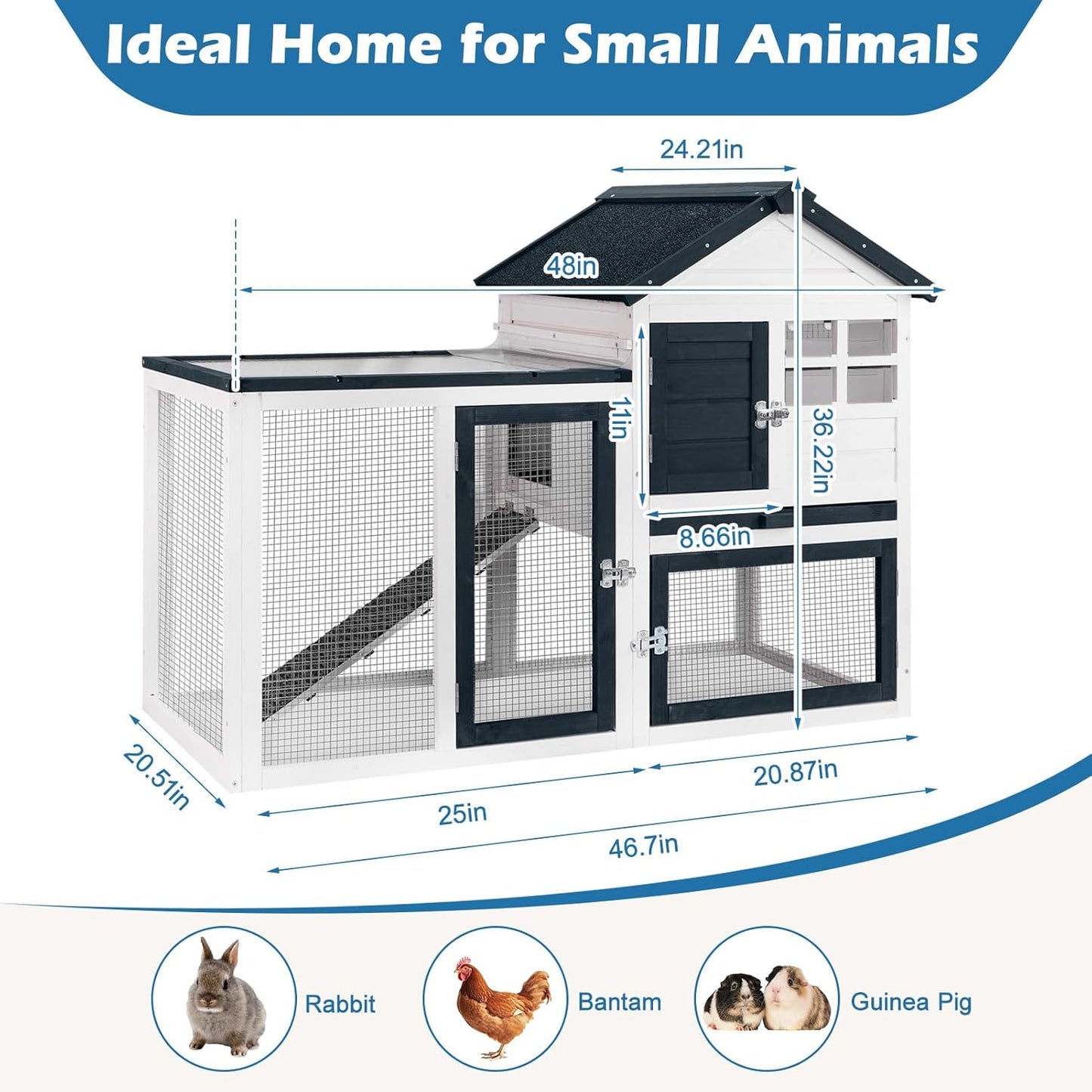 Bunny Hutch Indoor Outdoor Rabbit Cage Chicken Coop Animal House with Wire Floor Above Pull-Out Tray, Chew-Resistant Ramp & Entrance, Openable Waterproof Roof & UV-Resistant Roof