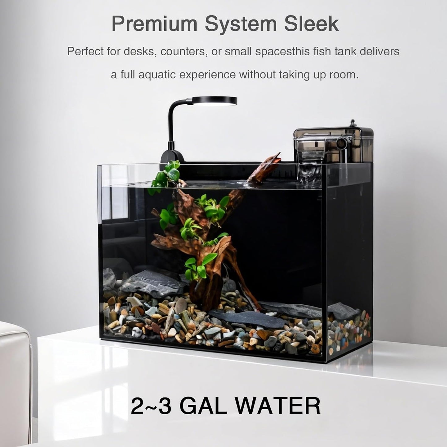Nano Nature Aquarium Kit,Clear Glass Desktop Fish Tank with with Waterfall Filter and Light for Beginners and Children to Keep Betta Fish, Goldfish, Shrimp, and Aquatic Plants (Black, 2.8 Gallon)