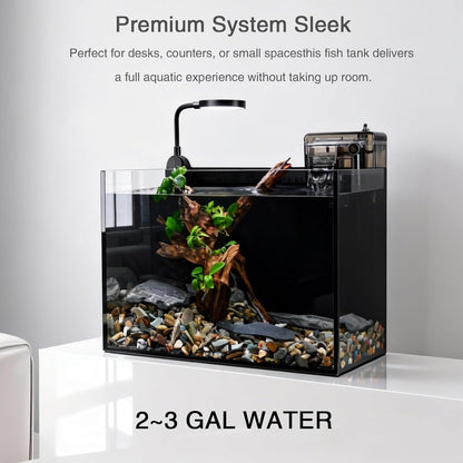 Nano Nature Aquarium Kit,Clear Glass Desktop Fish Tank with with Waterfall Filter and Light for Beginners and Children to Keep Betta Fish, Goldfish, Shrimp, and Aquatic Plants (Black, 2.8 Gallon)