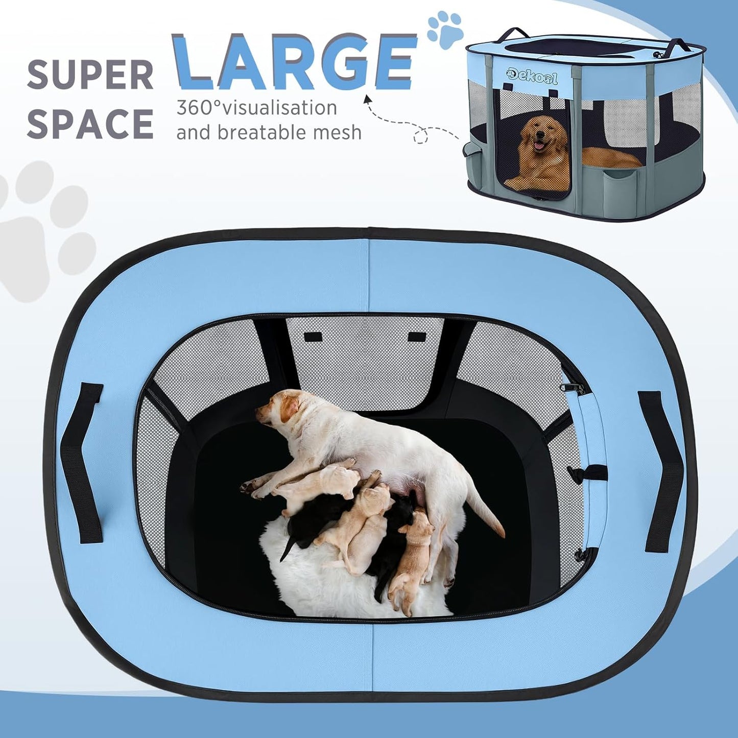 Foldable Dog Cat Playpen, Portable Dog Crate for Puppies, Cat, Puppy Play Pen for Indoors, Kennel Tent Crate for Indoor Outdoor Travel Camping Use with Carrying Case (Blue, M)