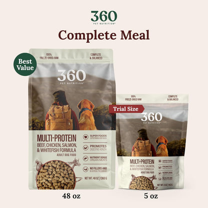 360 Pet Nutrition Freeze-Dried Raw Dog Food Multi Meat and Chicken 5 Ounce Trail Size Bags