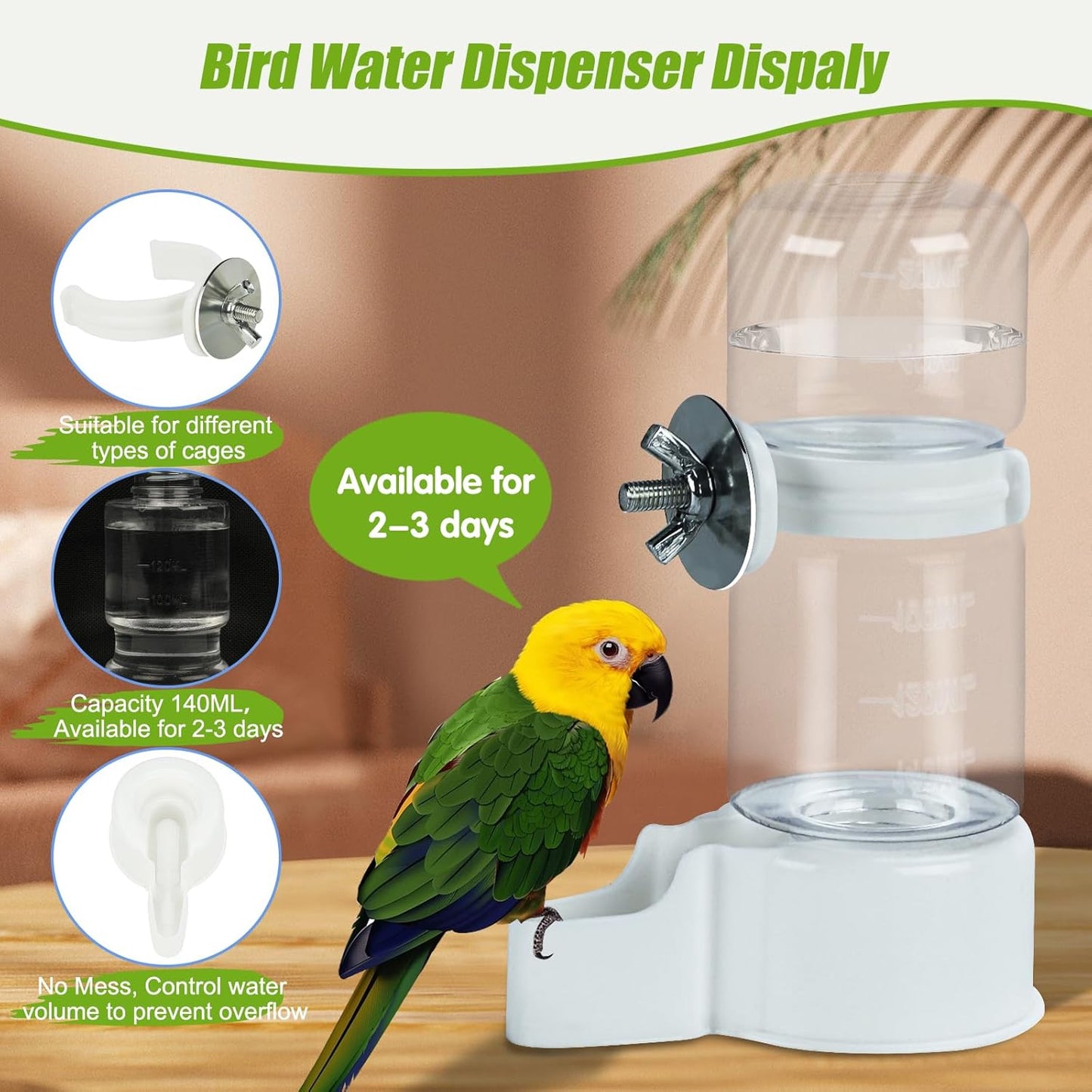BWOGUE 2PCS Automatic Bird Water Dispenser, 4.73 Fl Oz Parakeet Water Dispenser for Cage No Mess Suspended Bird Water Feeder for Cockatiel Budgie Conure Lovebirds