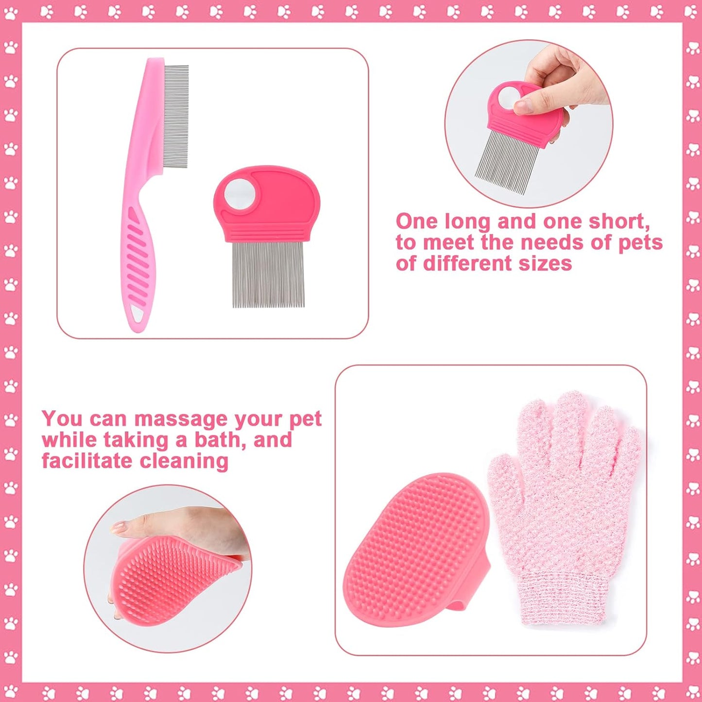 VCZONE Pink Small Animal Grooming Kit with Nail Clipper, Flea Comb, Shampoo Brush, Slicker Brush, Massage Glove for Rabbits