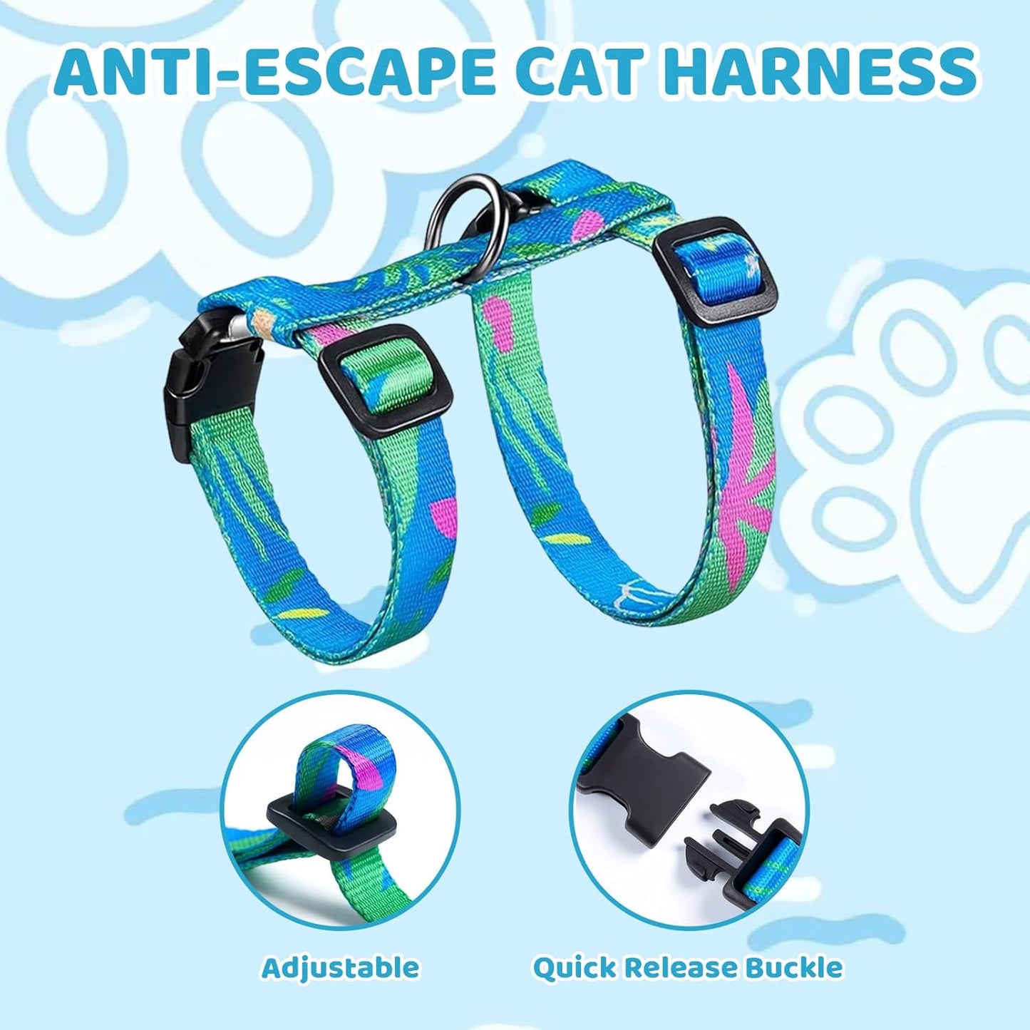 1 Set Cat Harness and Leash, Adjustable Escape Proof Cat Harness, Comfortable Soft Lightweight Design for Daily Walks and Travel, Neck 20-31CM Chest 26-43CM, (Hawaii Green)