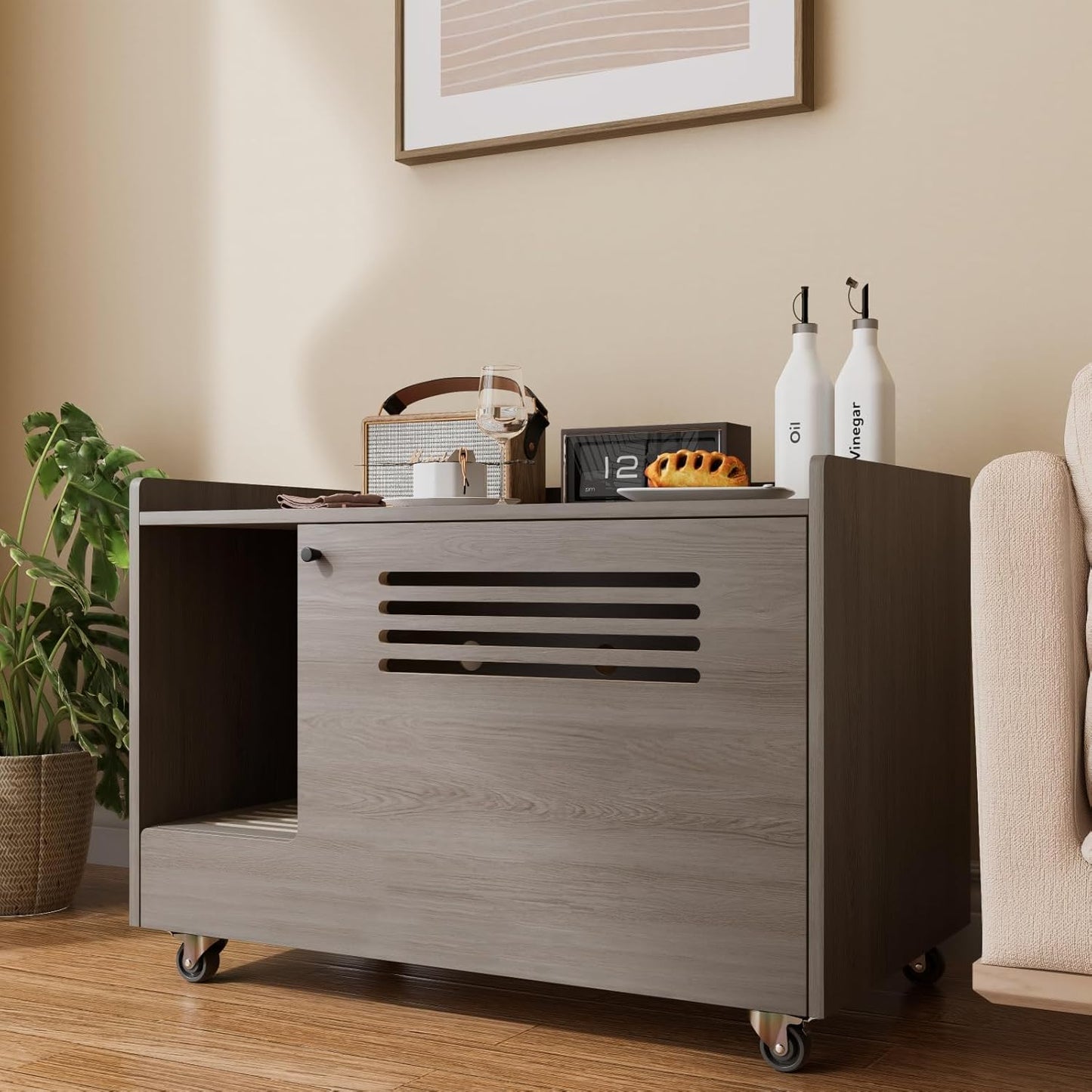 Gray Cat Litter Box Enclosure Furniture - Hidden Litter Box Cabinet with Wheels & Storage,Modern Wooden Pet House Side Table with Ventilation Grille for Living Room Bedroom,Grey