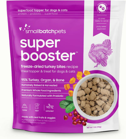 Smallbatch Freeze Dried Dog Treats, Superfood Food Topper Turkey Bites for Dogs & Cats, Probiotics, Organic Ingredients, High Protein, Grain Free Healthy Treat & Food Topper, Made in the USA, 7 oz Bag
