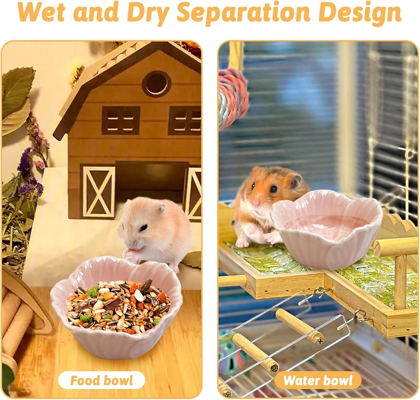 2 Pcs Hamster Food Bowl (2.7" D*1.3" H) &Wooden Small Animal Hideout (8" L*4" W*4" H)