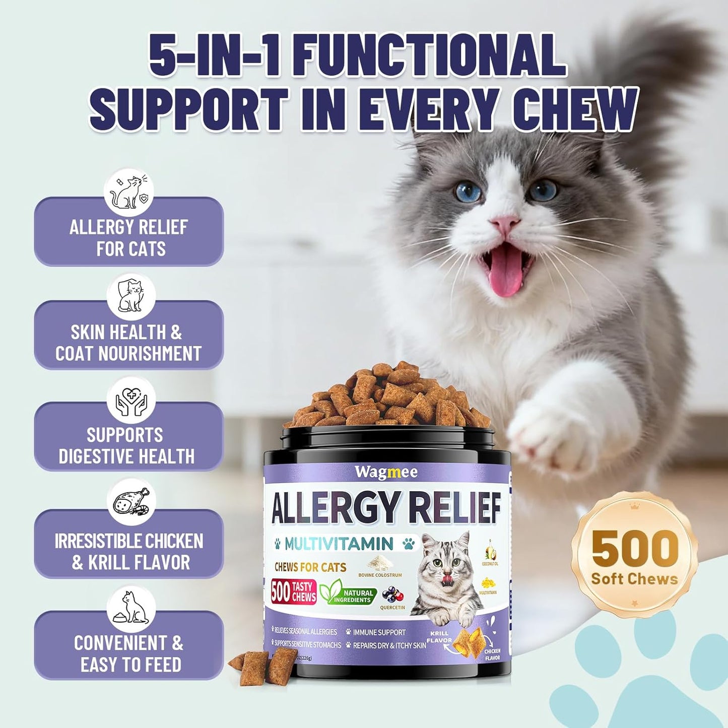 Cat Allergy Relief Chews – 500 Crunchy & Creamy Treats for All Breeds – Cat Itchy Skin & Seasonal Allergy Relief with Multivitamin and Omega-3 for Skin Health, Chicken & Krill Flavor