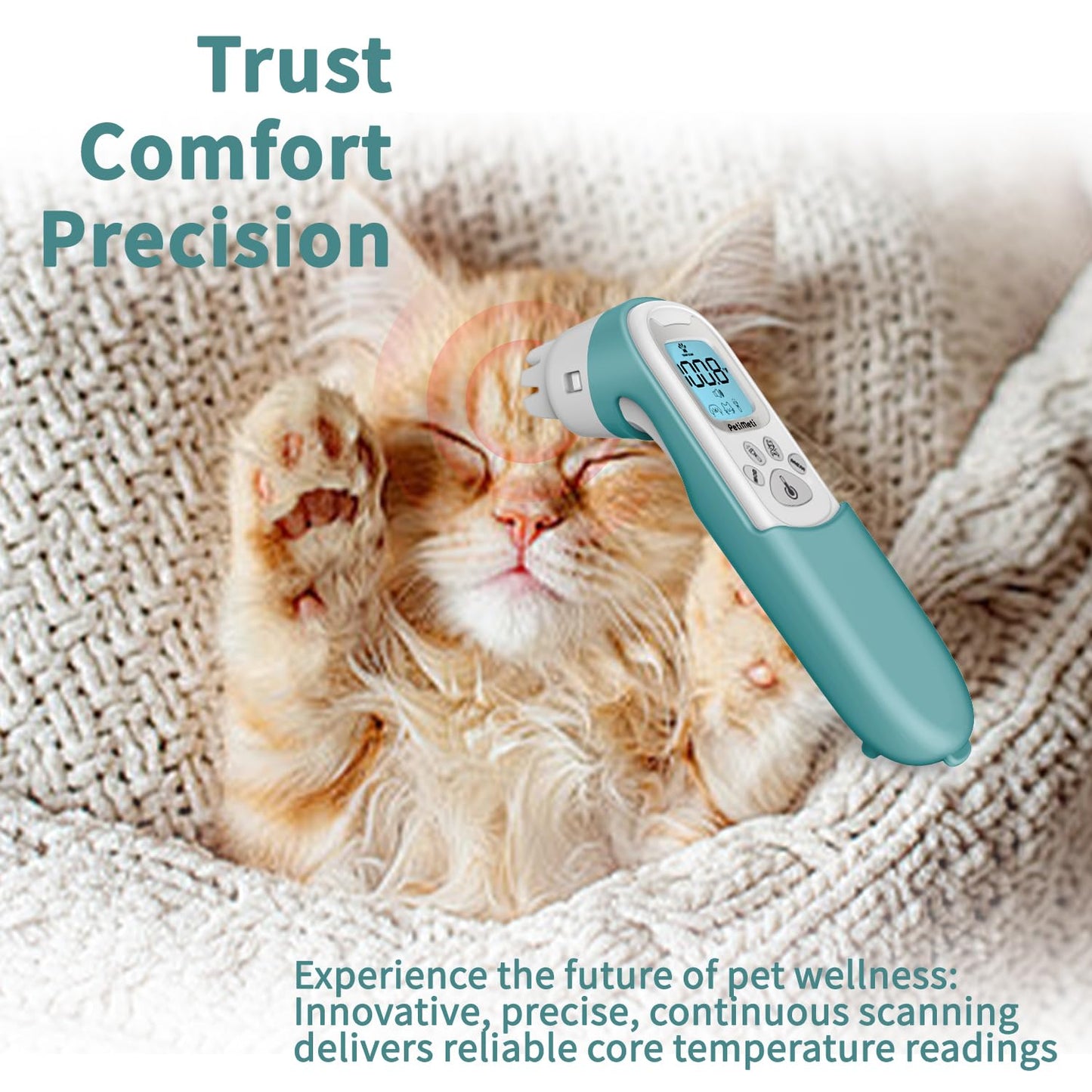 Smart Pet Thermo Comb - Non-Invasive Digital Pet Thermometer for Dogs & Cats, Oral/Rectal/Surface Scanning for Accurate Core Temperature Detection with Silicone Cover (Pink)