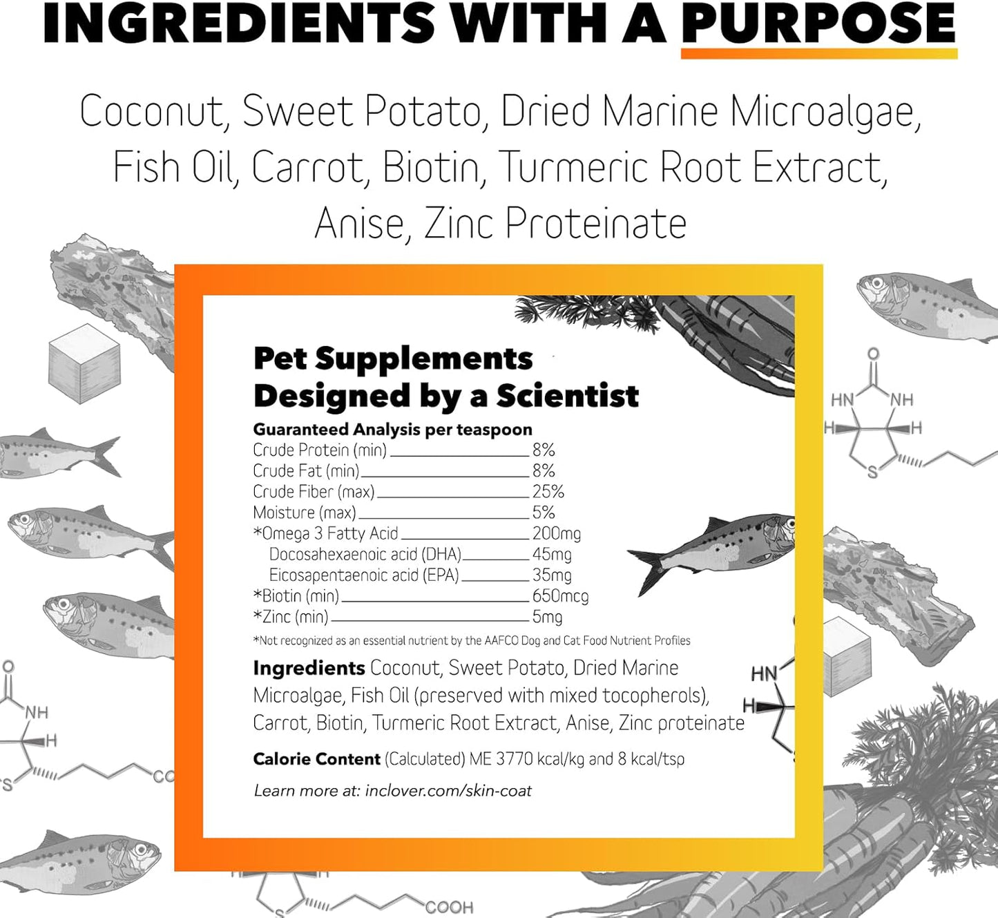 In Clover Dog Skin and Coat Supplement, BioRadiant Natural Supplement for Dogs, Healthy Skin and Coat, Fish Oil Alternative Uses Carrots, Coconut, Omega 3's, Biotin and Zinc Soothe Skin