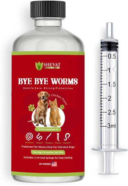 Bye Bye Worms – Advanced Dewormer for Cats & Dogs | Safe & Effective Liquid Worm Treatment | Chicken Flavor | 2 oz