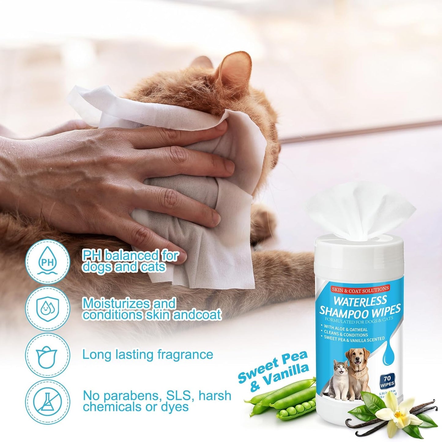 3 Pcs 210 Count Waterless Shampoo Wipes for Dogs Cats 5.91 x 5.12 Inches Dry Pet Bath Cleaning Wipes Safe Disposable for Puppy Cat Cleaning Fur, Deodorizing, Grooming, Sweet Pea Vanilla