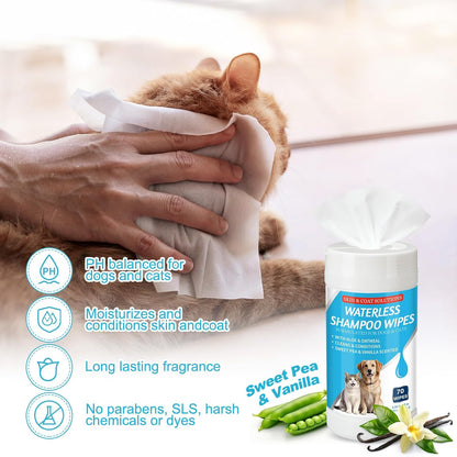 3 Pcs 210 Count Waterless Shampoo Wipes for Dogs Cats 5.91 x 5.12 Inches Dry Pet Bath Cleaning Wipes Safe Disposable for Puppy Cat Cleaning Fur, Deodorizing, Grooming, Sweet Pea Vanilla