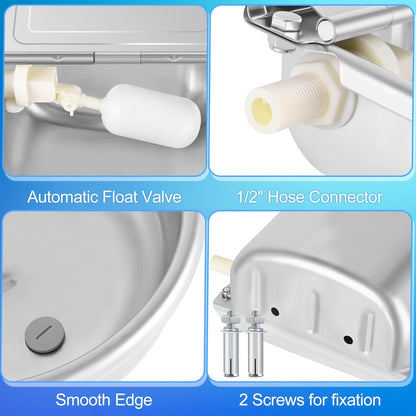 ToLanbbt Automatic Animal Dispenser Horse Water Bowl with Float Valve Stainless Steel Goat Waterer Feeder Outside Water Trough for Livestock Auto Fill Dog Watering Bowl with 1/2" Hose, Drainage Hole