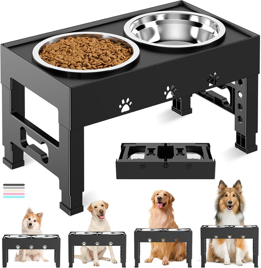 Elevated Dog Bowls with 2 Stainless Steel Bowls, Raised Dog Food Bowl Stand 5 Height Adjustable (3.1", 9", 10", 11", 12") Non-Slip Feeder Station Set for Medium and Large Dogs - Black