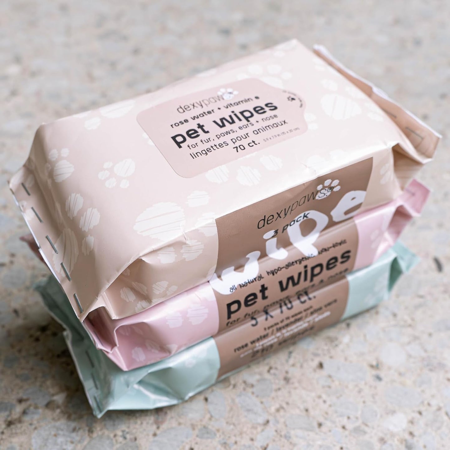 Pet Cleansing Wipes - 3 Packs (70ct Each) - Aloe-Lavender-Rose Water - Wet Wipes for Dogs & Cats, Fur-Paws-Face, Natural Pet Safe Grooming