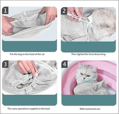 7-Piece Cat Bathing Set - Anti-Scratch Silicone Shoes, Claw Covers, Shower Net, Bathing Bag & Elizabethan Collar (Grey-3)