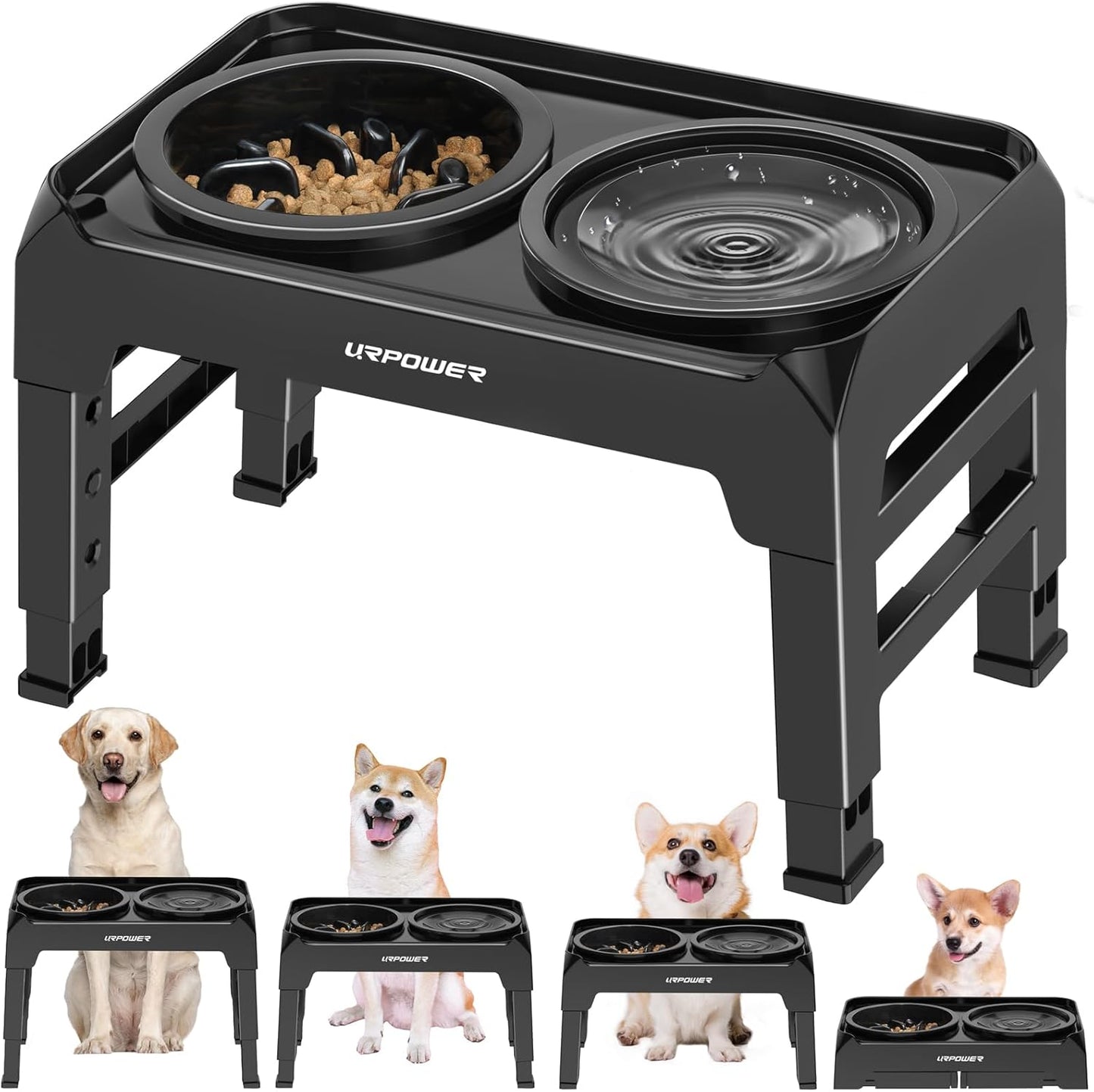 URPOWER 2-in-1 Elevated Dog Bowls Mess Proof Slow Feeder with No Spill Water Bowl 4 Height Adjustable Raised Dog Bowl Non-Slip Food and Water Bowls Set for Small Medium Large Dogs