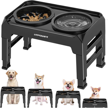 URPOWER 2-in-1 Elevated Dog Bowls Mess Proof Slow Feeder with No Spill Water Bowl 4 Height Adjustable Raised Dog Bowl Non-Slip Food and Water Bowls Set for Small Medium Large Dogs